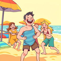 A humorous and lighthearted illustration of a group of friends playfully engaging in a game at a sunny beach