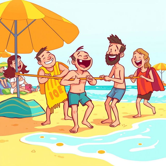 A humorous and lighthearted illustration of a group of friends playfully engaging in a game at a sunny beach