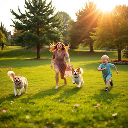 A heartwarming scene featuring a loving family of four: a father, a mother, a teenage daughter, and a young son, joyfully playing with their two energetic dogs in a lush green park
