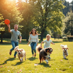 A heartwarming scene featuring a loving family of four: a father, a mother, a teenage daughter, and a young son, joyfully playing with their two energetic dogs in a lush green park