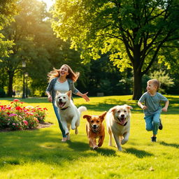 A heartwarming scene featuring a loving family of four: a father, a mother, a teenage daughter, and a young son, joyfully playing with their two energetic dogs in a lush green park
