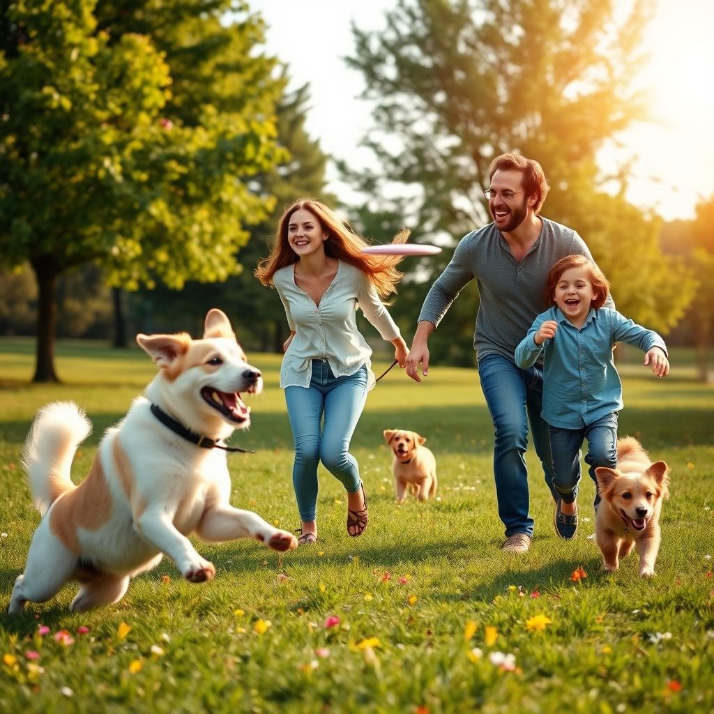 A heartwarming scene featuring a loving family of four: a father, a mother, a teenage daughter, and a young son, joyfully playing with their two energetic dogs in a lush green park