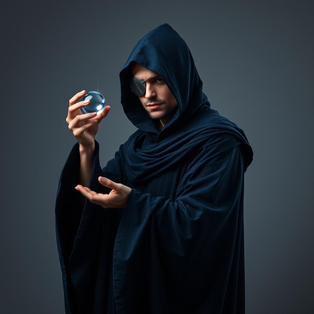 A surreal scene on a grey background featuring a hooded male sorcerer dressed in dark blue, flowing robes