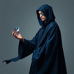 A surreal scene on a grey background featuring a hooded male sorcerer dressed in dark blue, flowing robes