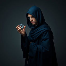 A surreal scene on a grey background featuring a hooded male sorcerer dressed in dark blue, flowing robes