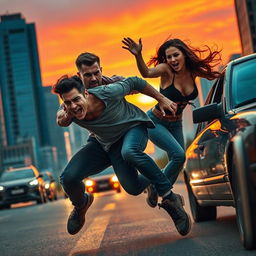 A dramatic scene in an urban environment at sunset featuring a heroic man and woman in dynamic action, as they rescue someone in danger