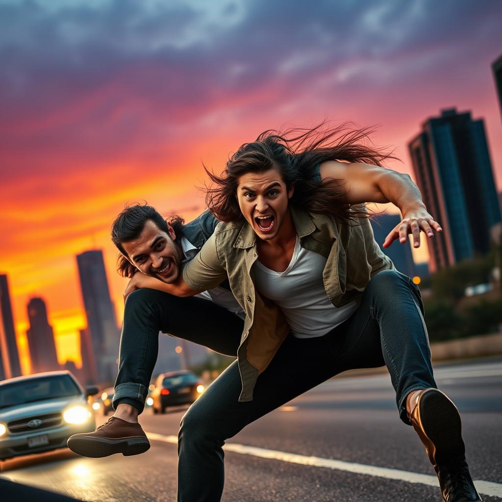 A dramatic scene in an urban environment at sunset featuring a heroic man and woman in dynamic action, as they rescue someone in danger