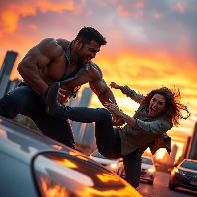 A dramatic scene in an urban environment at sunset featuring a heroic man and woman in dynamic action, as they rescue someone in danger