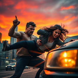 A dramatic scene in an urban environment at sunset featuring a heroic man and woman in dynamic action, as they rescue someone in danger