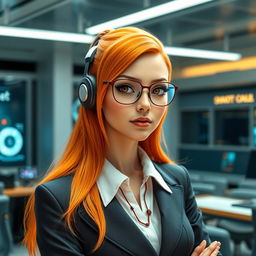 A futuristic female teacher with long orange hair styled elegantly, wearing hexagonal glasses