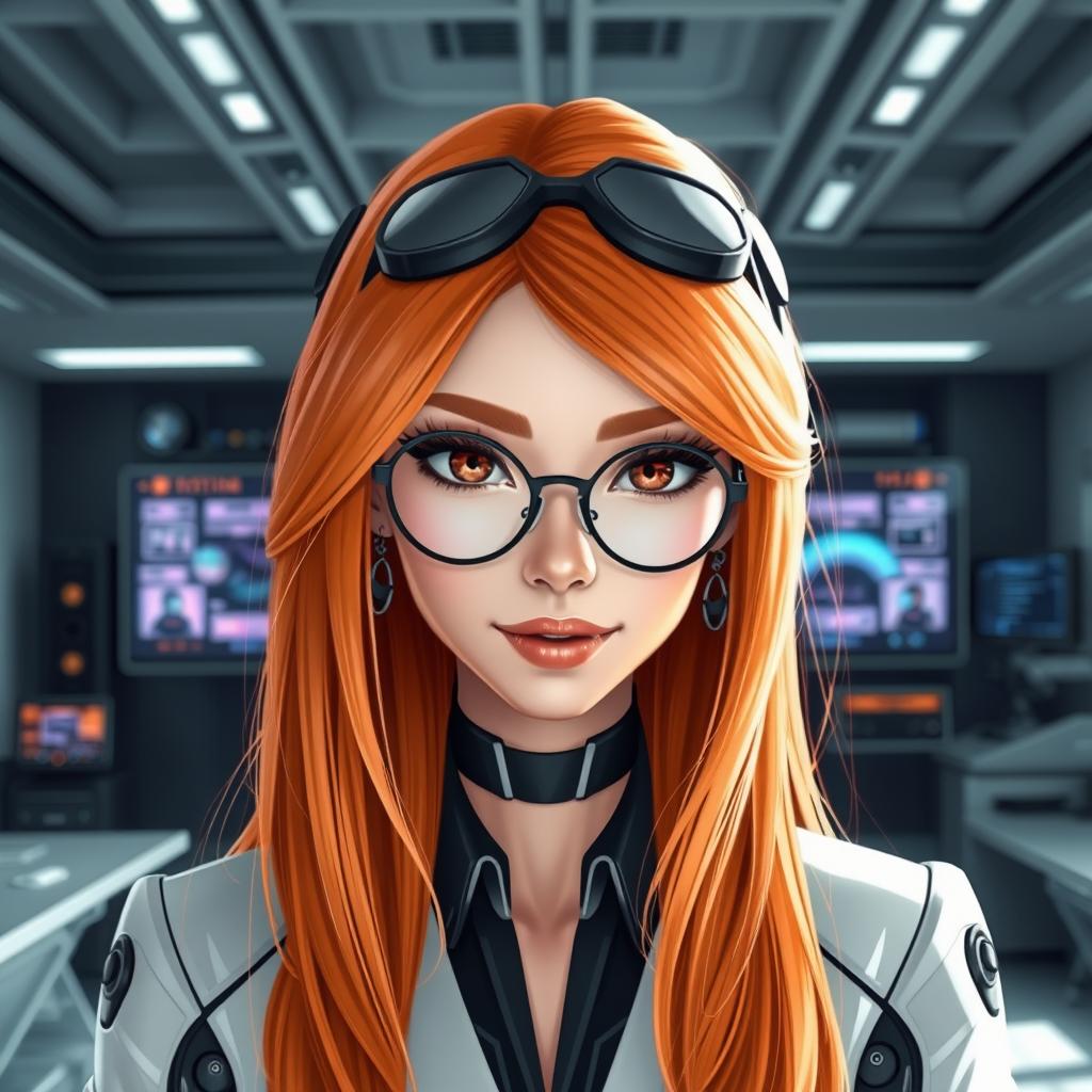A futuristic female teacher with long orange hair styled elegantly, wearing hexagonal glasses