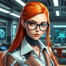 A futuristic female teacher with long orange hair styled elegantly, wearing hexagonal glasses