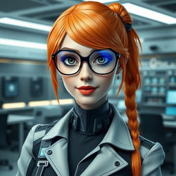 A futuristic female teacher with long orange hair styled elegantly, wearing hexagonal glasses