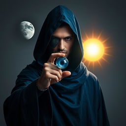 A surreal dark fantasy scene featuring a hooded sorcerer man dressed in dark blue, flowing robes, with a metal patch over his eye