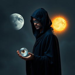 A surreal dark fantasy scene featuring a hooded sorcerer man dressed in dark blue, flowing robes, with a metal patch over his eye