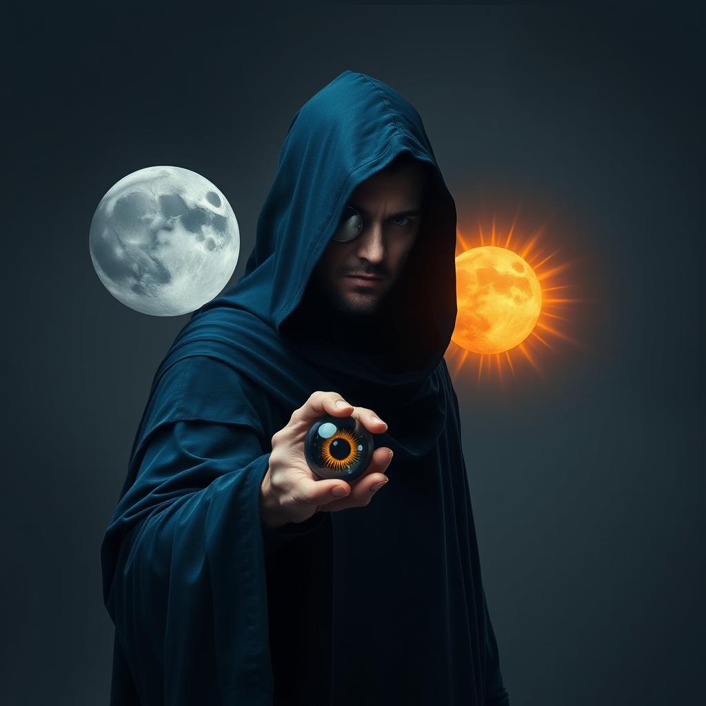 A surreal dark fantasy scene featuring a hooded sorcerer man dressed in dark blue, flowing robes, with a metal patch over his eye