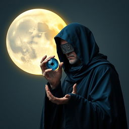 A surreal dark fantasy scene featuring a hooded sorcerer man dressed in dark blue, flowing robes, with a metal patch over his eye