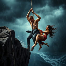 A dramatic scene set in a stormy environment, showcasing a man and a woman courageously rescuing a person in peril