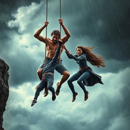 A dramatic scene set in a stormy environment, showcasing a man and a woman courageously rescuing a person in peril