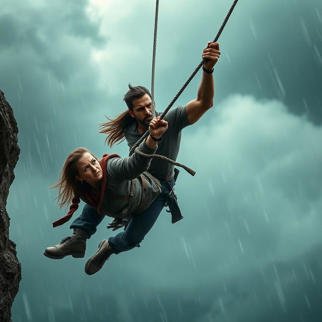 A dramatic scene set in a stormy environment, showcasing a man and a woman courageously rescuing a person in peril