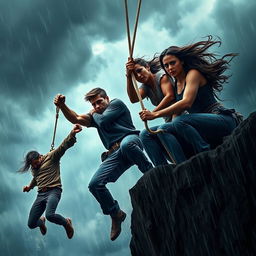 A dramatic scene set in a stormy environment, showcasing a man and a woman courageously rescuing a person in peril
