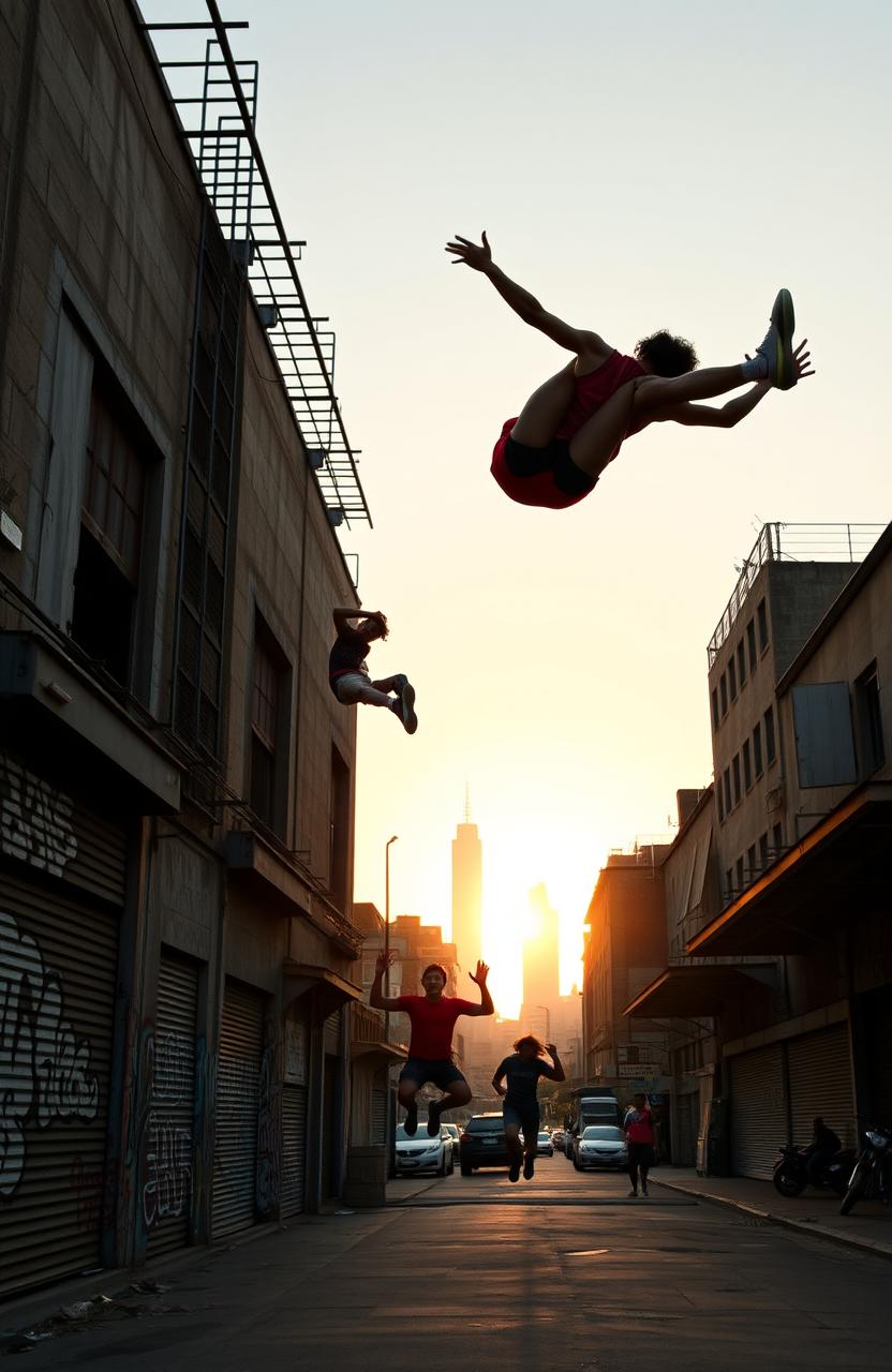 An exhilarating scene of parkour athletes elegantly leaping and flipping through an urban environment, showcasing their impressive skills
