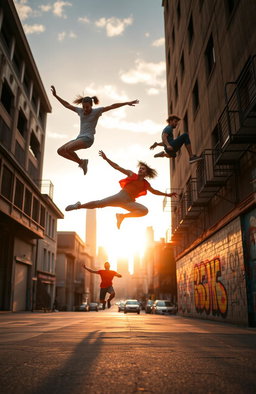 An exhilarating scene of parkour athletes elegantly leaping and flipping through an urban environment, showcasing their impressive skills