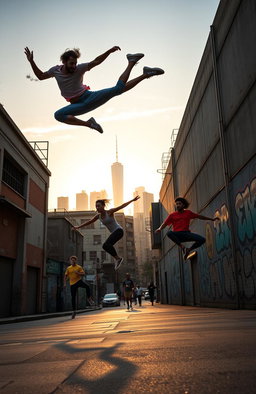 An exhilarating scene of parkour athletes elegantly leaping and flipping through an urban environment, showcasing their impressive skills