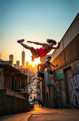 An exhilarating scene of parkour athletes elegantly leaping and flipping through an urban environment, showcasing their impressive skills