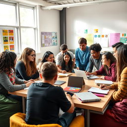 A diverse group of students studying together in a bright, modern classroom