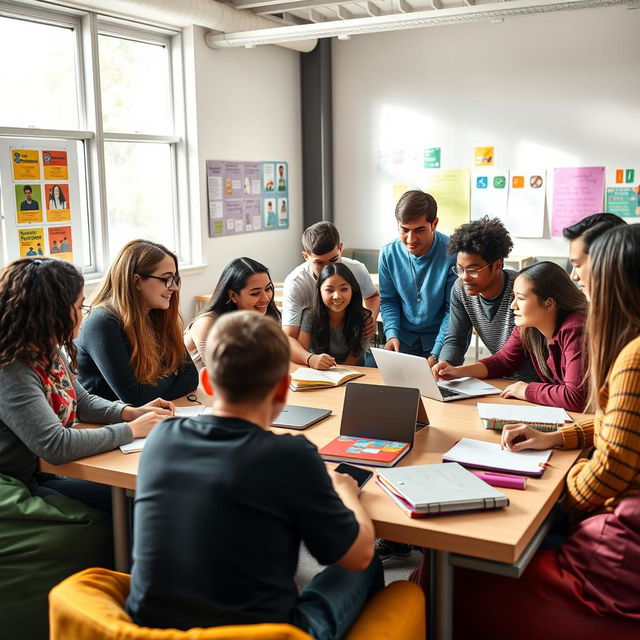 A diverse group of students studying together in a bright, modern classroom