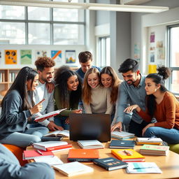 A diverse group of students studying together in a bright, modern classroom