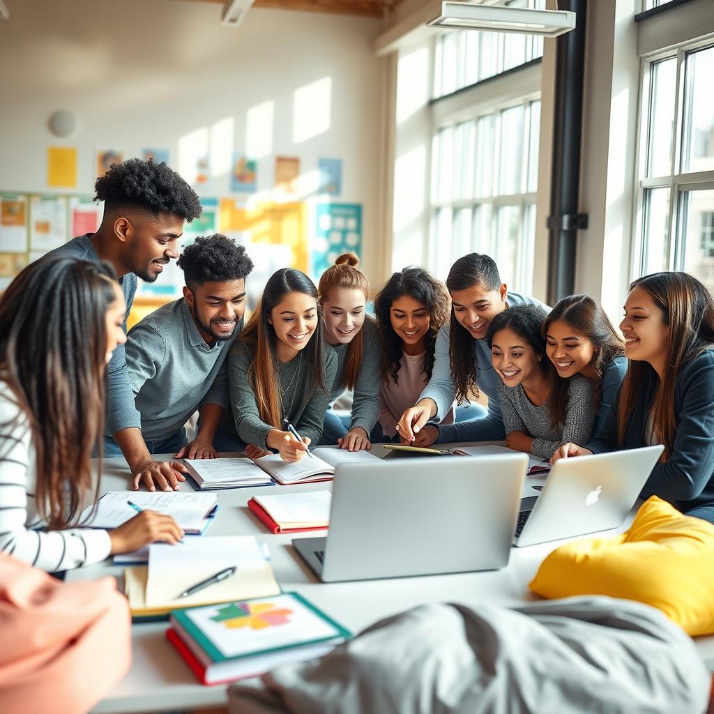 A diverse group of students studying together in a bright, modern classroom