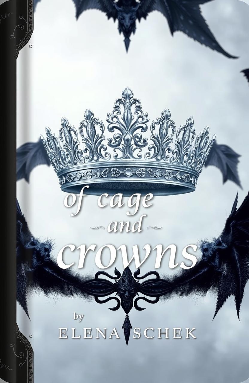 A magical book cover titled "of cages and crowns" by Elena Schenk