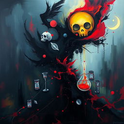 An abstract and conceptual painting representing the theme of death, using dark, moody colors juxtaposed with vibrant, unsettling elements