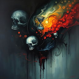 An abstract and conceptual painting representing the theme of death, using dark, moody colors juxtaposed with vibrant, unsettling elements