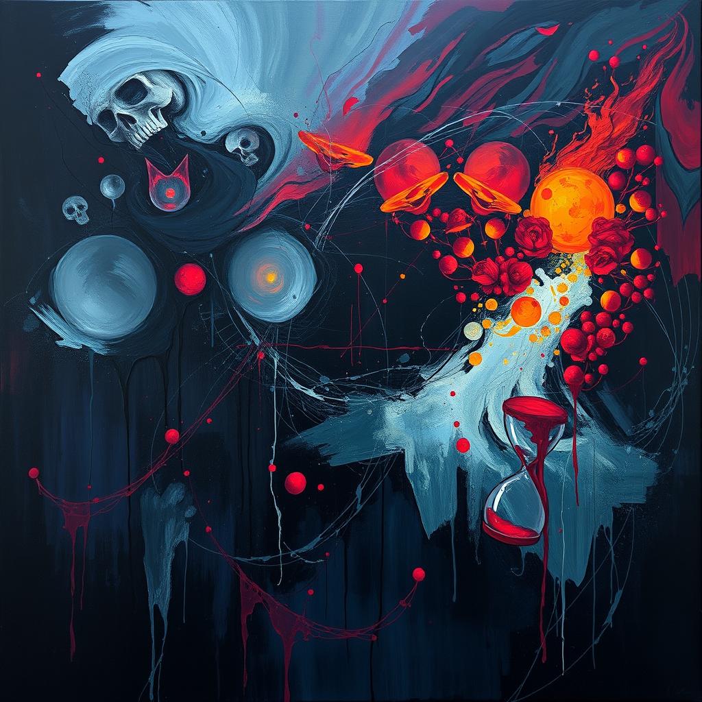 An abstract and conceptual painting representing the theme of death, using dark, moody colors juxtaposed with vibrant, unsettling elements