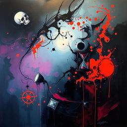 An abstract and conceptual painting representing the theme of death, using dark, moody colors juxtaposed with vibrant, unsettling elements
