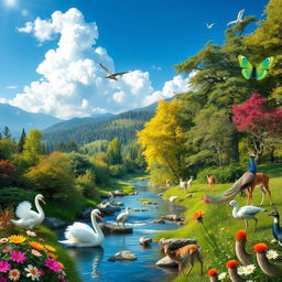 A stunning artistic interpretation of reproduction in nature, featuring a vibrant landscape with a lush forest, a tranquil river flowing through the scene, and a variety of animals engaging in mating behaviors