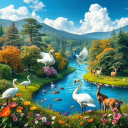 A stunning artistic interpretation of reproduction in nature, featuring a vibrant landscape with a lush forest, a tranquil river flowing through the scene, and a variety of animals engaging in mating behaviors