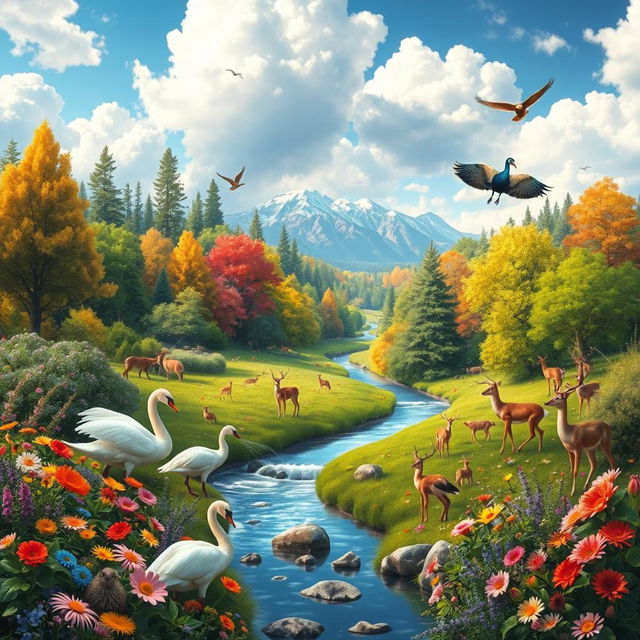 A stunning artistic interpretation of reproduction in nature, featuring a vibrant landscape with a lush forest, a tranquil river flowing through the scene, and a variety of animals engaging in mating behaviors