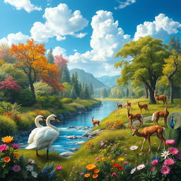 A stunning artistic interpretation of reproduction in nature, featuring a vibrant landscape with a lush forest, a tranquil river flowing through the scene, and a variety of animals engaging in mating behaviors