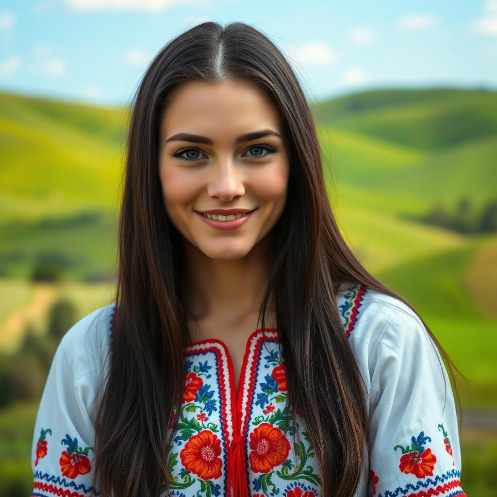 A portrait of a beautiful Ukrainian woman, with long dark hair cascading over her shoulders, wearing a traditional embroidered blouse that features vibrant floral patterns