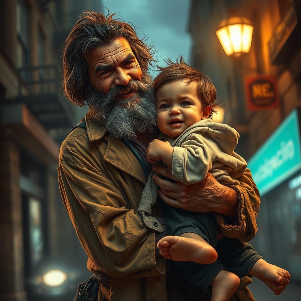 A heroic scene depicting a homeless man in tattered clothing with a scruffy beard and compassionate expression rescuing a child from a dangerous situation