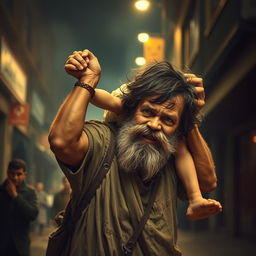 A heroic scene depicting a homeless man in tattered clothing with a scruffy beard and compassionate expression rescuing a child from a dangerous situation