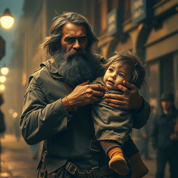 A heroic scene depicting a homeless man in tattered clothing with a scruffy beard and compassionate expression rescuing a child from a dangerous situation