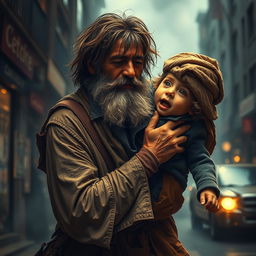 A heroic scene depicting a homeless man in tattered clothing with a scruffy beard and compassionate expression rescuing a child from a dangerous situation