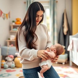 A beautiful Ukrainian woman with long, flowing dark hair, wearing a cozy pastel sweater and stylish jeans, is changing a diaper on a cute baby in a well-lit, cheerful nursery