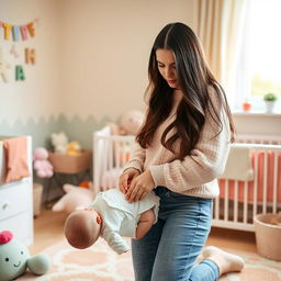 A beautiful Ukrainian woman with long, flowing dark hair, wearing a cozy pastel sweater and stylish jeans, is changing a diaper on a cute baby in a well-lit, cheerful nursery