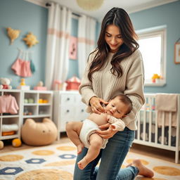 A beautiful Ukrainian woman with long, flowing dark hair, wearing a cozy pastel sweater and stylish jeans, is changing a diaper on a cute baby in a well-lit, cheerful nursery